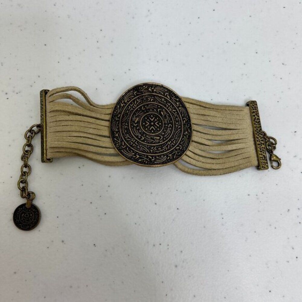 Lulus Mystical Carnival Gold‎ and Beige Bracelet Boho Engraved Tribal Ethnic Tan